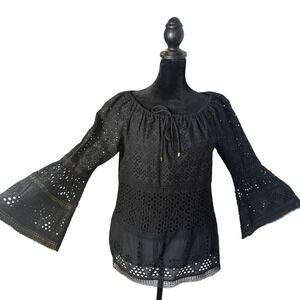Ralph Lauren Black Eyelet Top Womens‎ XS Flare Bell Sleeves Drawstring BOHO